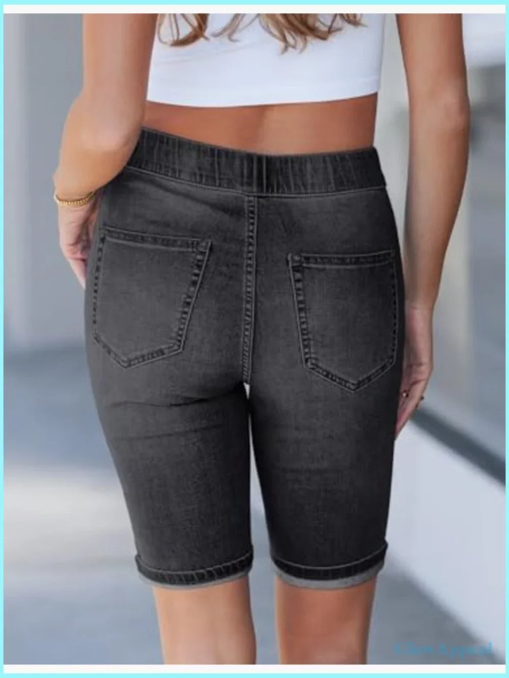 High Waisted Pull On Bermuda Jean Shorts Stretchy Denim Long Shorts